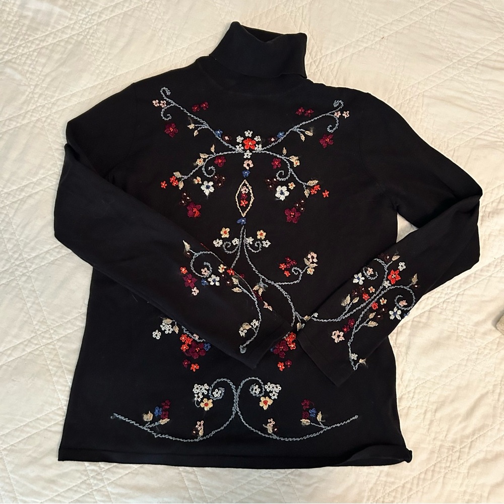 Black Turtleneck with Floral Embroidery